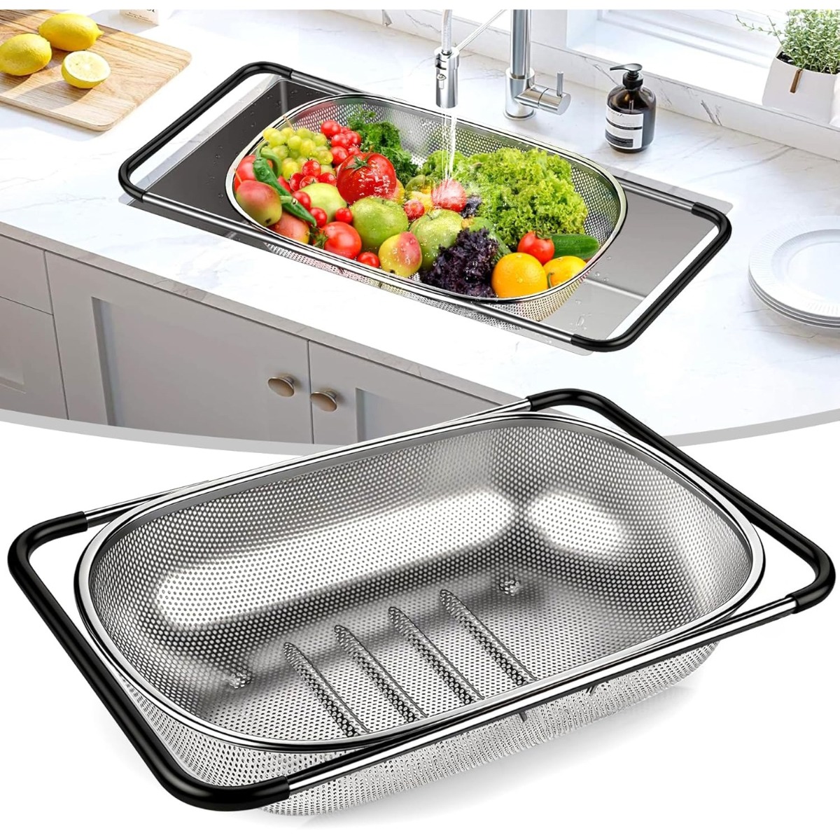 Sink Drain Strainer - シンク上水切りざる、細かいメッシュのステンレス製水切りざる、パスタの水切りや果物の洗い流しに便利な伸縮ハンドル付き